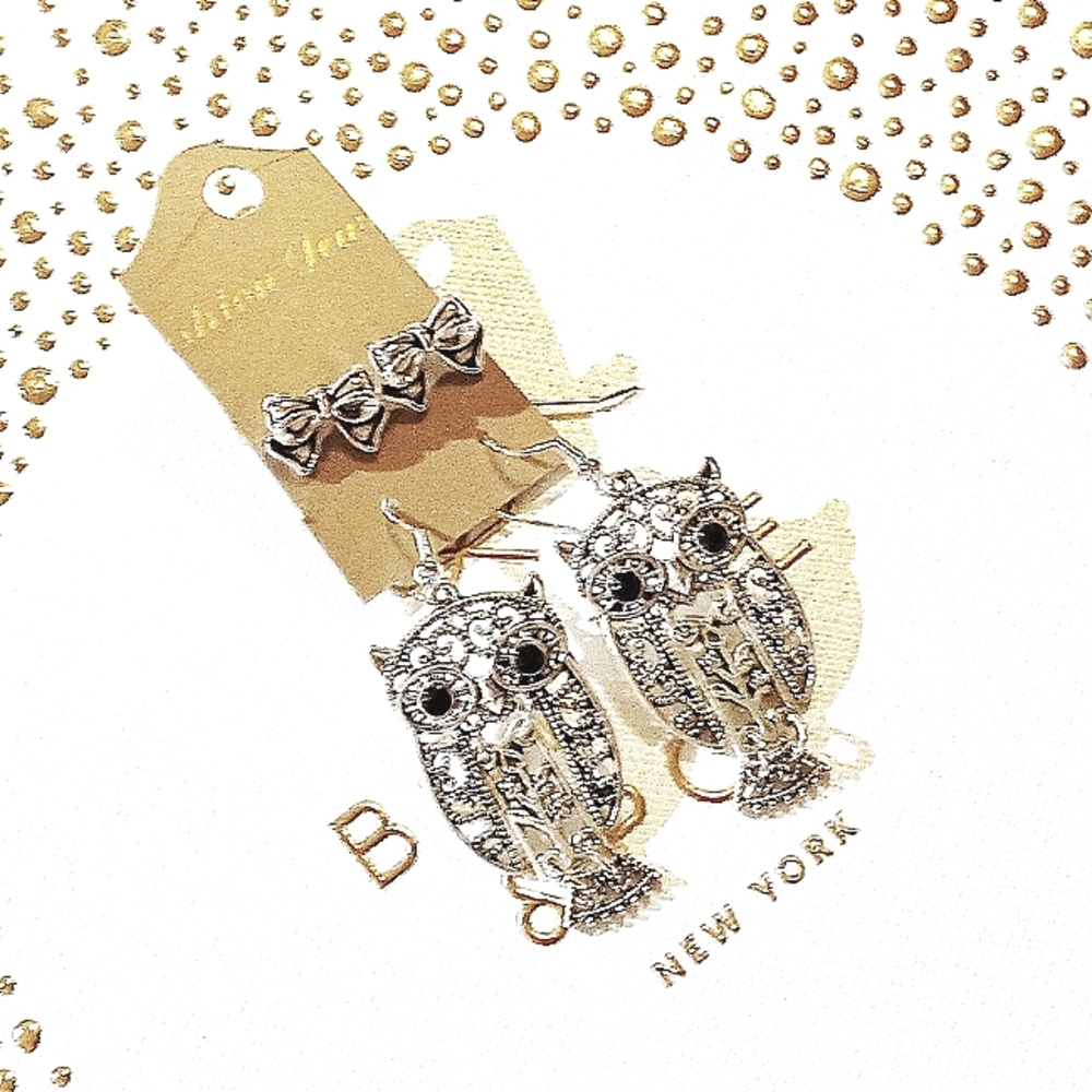 Cute Silver Owl Dangle Earrings & A Darling Pair Of Silver Ribbon Stud Earrings